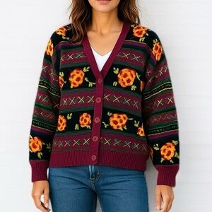 Vintage 80’s Eaton Petites V-Neck Floral & Argyle Cardigan | Size Small Petite